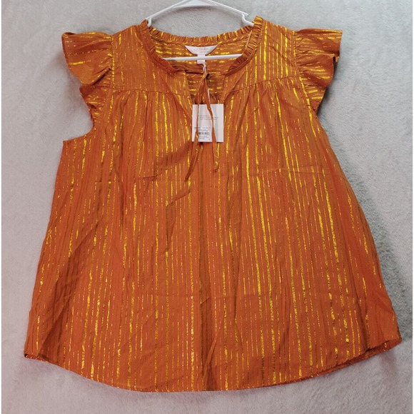 LC Lauren Conrad Tops - LC Lauren‎ Conrad Blouse Top Womens Medium Orange Gold Striped V Neck Drawstring